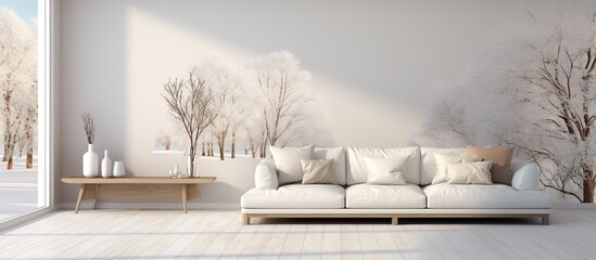 White Scandinavian living room with sofa vases wooden floor large wall and landscape in window Nordic home interior ing - obrazy, fototapety, plakaty