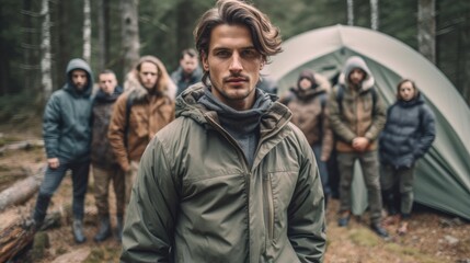 Obraz premium Diverse group of middle aged male friends camping together in the forest