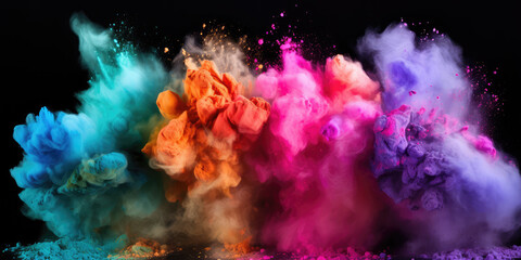 Cosmetic professional makeup brushes and brushes with colorful explosion powders in motion isolated.