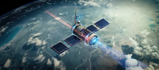 Rolgordijnen telecom communication satellite orbiting around the globe earth with futuristic technology datum hologram information for online and internet connection and gps space orbit services banner © sizsus