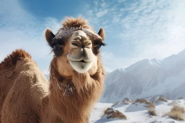 Foto op Plexiglas Portrait of camel in winter landscape. AI generative art © Drpixel