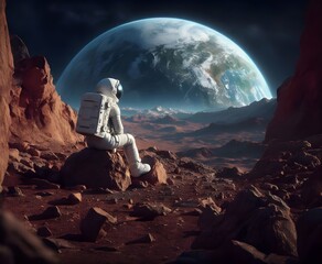 Astronaut sitting on a rock on a distant planet, looking at the Earth in the background.