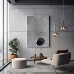 Interior of a living room with a couch and chairs, side view, and dresser with artwork. Rug and coffee table on a gray concrete floor. a mockup copy space with a gray wall