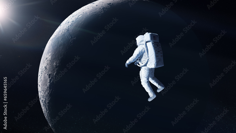 Wall mural cosmonaut is flying in outer space on moon background. elements of this image furnished by nasa.