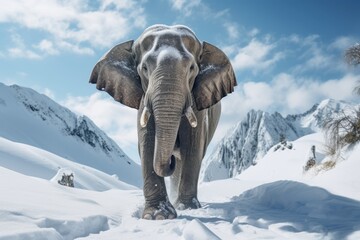 Portrait of elephant in winter landscape. AI generative art