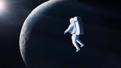 Cosmonaut is flying in outer space on Moon background. Elements of this image furnished by NASA. © Paopano
