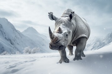 Portrait of rhino in winter landscape. AI generative art