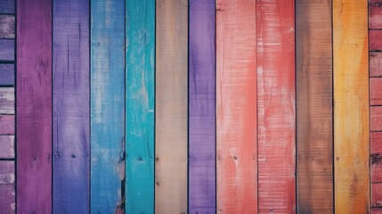 Colorful wooden background with vertical wooden slats of different bright colors and copy space - obrazy, fototapety, plakaty