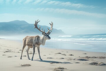 Reindeer on the beach. AI generative art