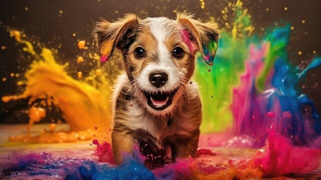 A dog playing with paint.