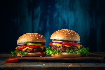 Two delicious burgers on a rustic table against a blue backdrop. Generative AI