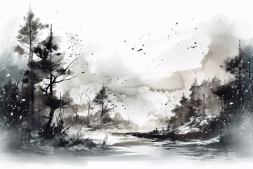 A snowy landscape with falling snowflakes, depicted in an ink painting style typical of the oriental winter. Generative AI - obrazy, fototapety, plakaty