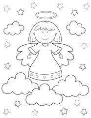 coloring page of a cute little angel, clouds and stars. you can print it on standard 8.5x11 inch paper