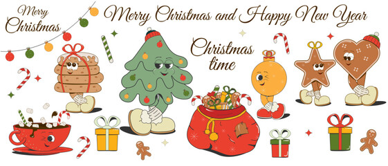 Retro set of Christmas and New Year funny cartoon characters: Christmas tree,Christmas balls,gift bag,sweets,ginger cookies,cocoa, candy,garland,gift boxes isolated on a white background.Vector.