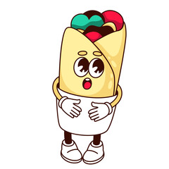 Groovy burrito character vector illustration. Cartoon isolated psychedelic mascot of Mexican food with surprise and shock expression on funny burrito face, arms and legs, meat in tortilla wrap