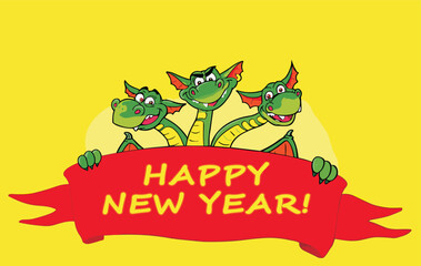 Vector green cartoon dragon with three heads. 
The symbol of 2024 new year. 
A raptor baby dinosaur
isolated on a yellow background.
Children's drawing for fabric, clothing, paper.