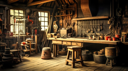 Old workshop with tools and instruments. Vintage style toned picture. - obrazy, fototapety, plakaty