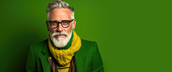 Portrait of a 60 year old fashionable hipster on bright color studio background - obrazy, fototapety, plakaty