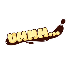 Groovy retro sticker with Ummm lettering vector illustration. Cartoon isolated patch with retro psychedelic inflated bubble font with yellow letters and ellipsis, text of thinking sound sticker