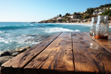 Wooden table top with ocean background