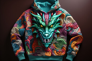 green  hoodie with colorful dragon print