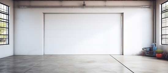 View of electrically operated white garage door from inside - obrazy, fototapety, plakaty
