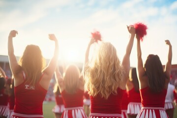 Spirited Cheerleaders cheering game. Female school uniform. Generate Ai - obrazy, fototapety, plakaty
