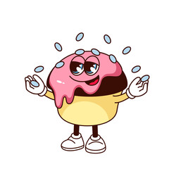 Groovy cupcake character vector illustration. Cartoon isolated funny cute retro cake with pink cream and funny face, arms and legs, kawaii emoticon sticker with cupcake dessert juggling candy balls