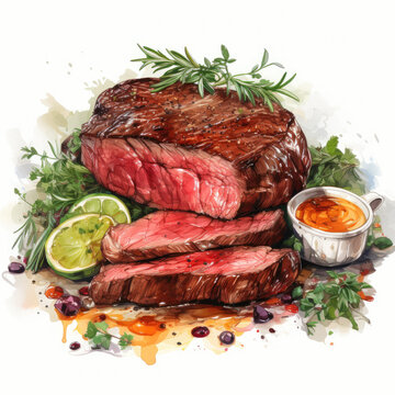 watercolor steak with herbs and sauce clip art preview