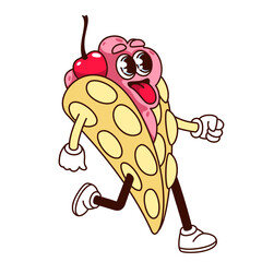 Groovy waffle character vector illustration. Cartoon isolated retro cute sticker of wafer with cream and cherry, sweet food emoji with funny expression on face and tongue, arms and legs walking
