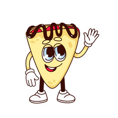 Groovy cookie character vector illustration. Cartoon isolated retro sticker of triangle tortilla chips or crispy bread with chocolate splash, cute funny yellow cookie mascot with arms and legs waving