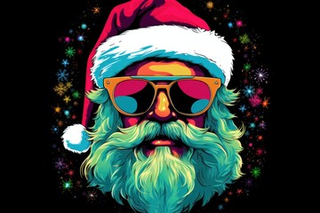 Christmas claus in santa claus hat and sunglasses with a beard.