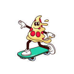 Groovy pizza slice character on skateboard vector illustration. Cartoon isolated retro funny fast food mascot with happy face, arms and legs skateboarding, psychedelic emoji of pizza skateboarder