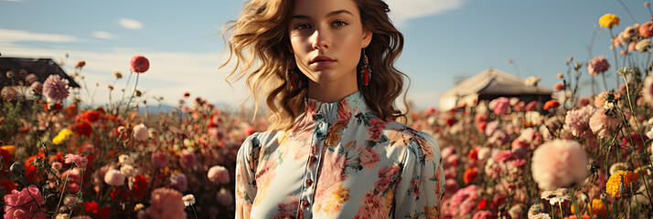 Fashion Model in a Blooming Flower Field
