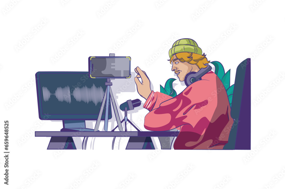 Poster video communication concept with people scene in flat cartoon design for web. man calling by video z