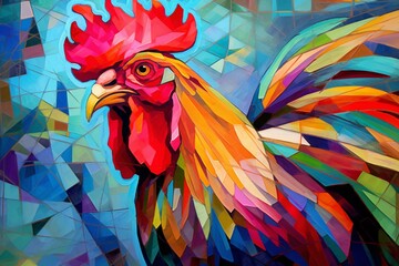 Colorful rooster with a cubism twist. Generative AI