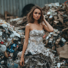 Obraz na płótnie Canvas Beautiful woman in a fashion dress posing in a pile of trash. Attractive girl in a pollution and waste inspired dress concept posing on a landfill. Beautiful girl in a dump, in a dress made of garbage