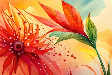 Watercolor festive background with flowers and red background,