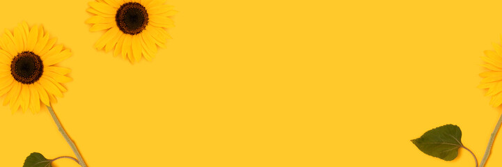 Banner with sunflowers scattered on a yellow background. Place for text.