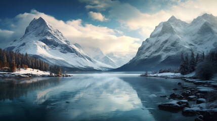 Mountains range and lake in French Alp. Snow covered mountain landscape in winter. Panoramic view of mountains. Beautiful landscape with snowy mountains. Winter vacation