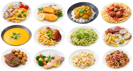 set of plates of food isolated on a transparent background