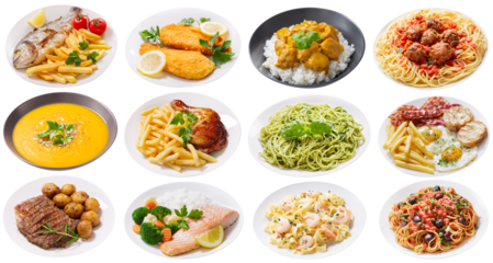 set of plates of food isolated on a transparent background
