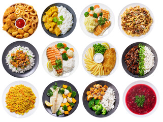 set of plates of food isolated on a transparent background, top view - 659649523