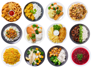 set of plates of food isolated on a transparent background, top view