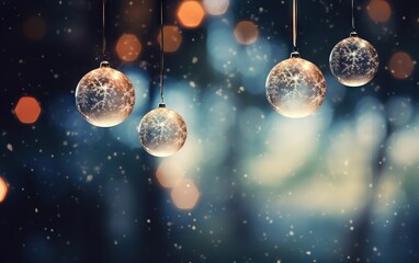 a group of christmas ornaments hanging from strings - obrazy, fototapety, plakaty