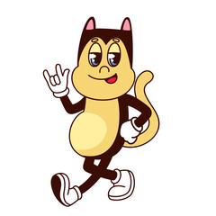 Groovy devil cat character with horns gesture vector illustration. Cartoon isolated retro sticker with walking animal, cat with fan sign of rock and heavy metal music, pet mascot with funny funky face