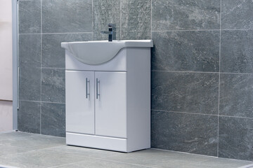 Bathroom tap, chrome faucet and vase, tiled walls, restroom sink, interior design