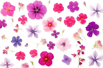 Pressed pink flowers on white background 