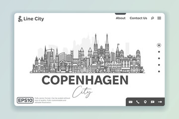 Copenhagen, Denmark architecture line skyline illustration. Linear vector cityscape with famous landmarks, city sights, design icons. Landscape with editable strokes.