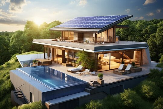 A sustainable home with solar panels on the roof, offering clean and green power. Generative AI